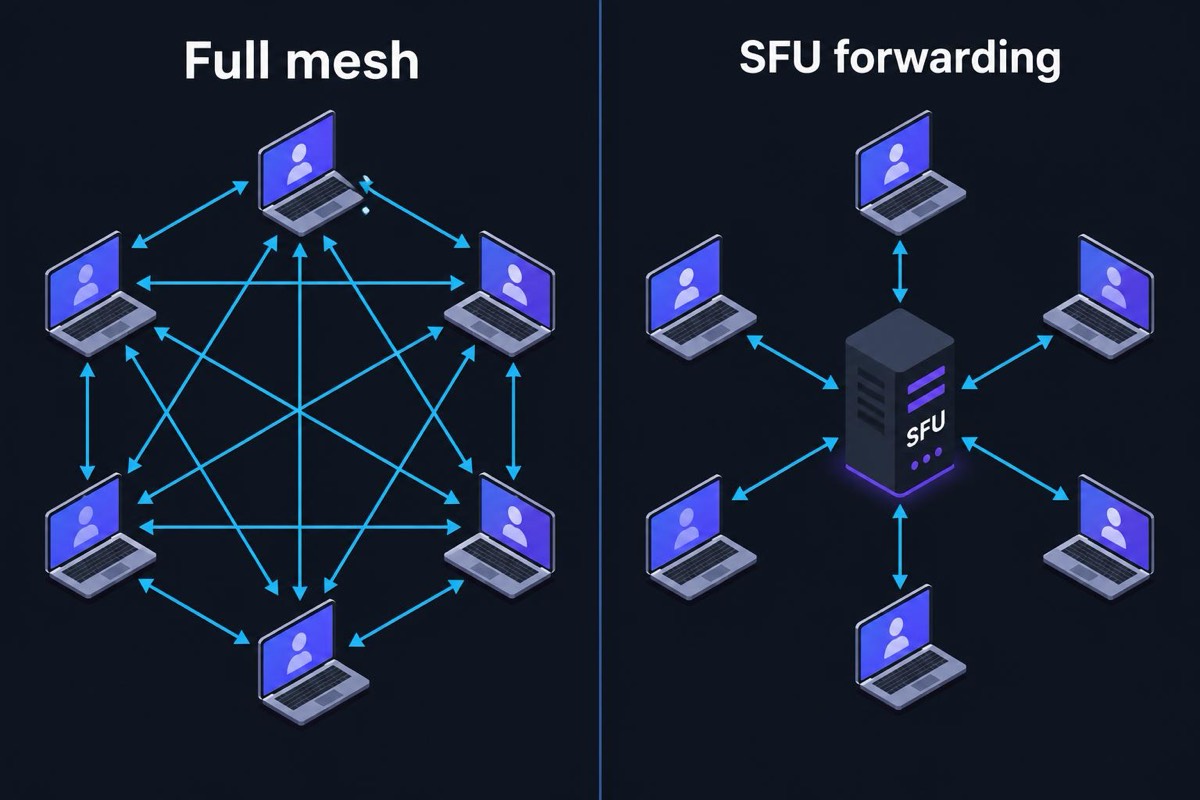 Diagram comparing a full mesh, where every participant connects to every other participant, with SFU forwarding, where each participant sends one stream to a central server.