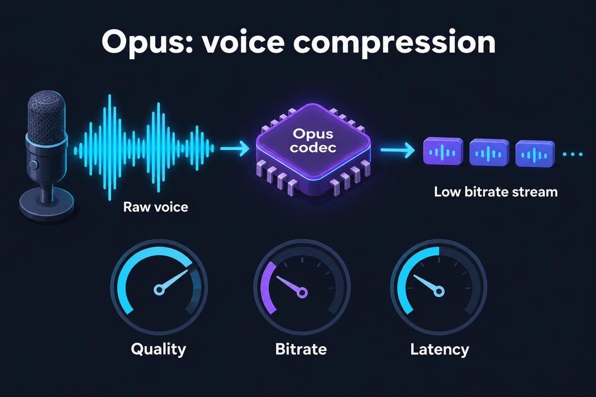 Diagram of a microphone sending a raw voice waveform through an Opus codec chip into a low-bitrate stream, with gauges for quality, bitrate, and latency.