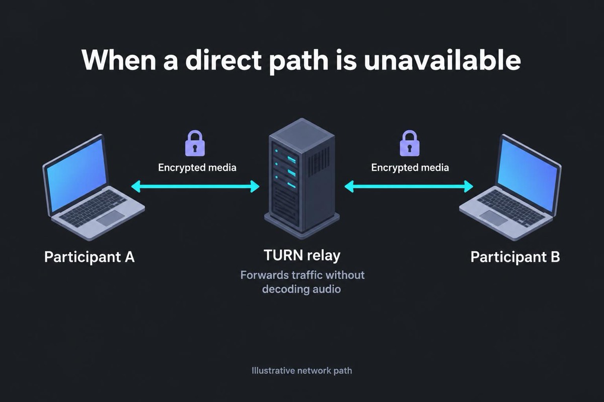 Two participants exchange encrypted media through a TURN relay that forwards traffic without decoding the audio.