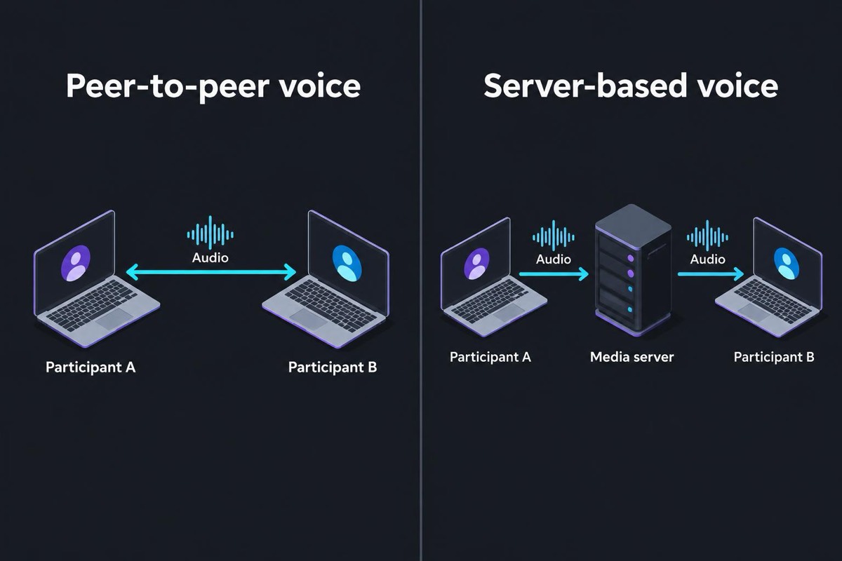 Diagram comparing audio sent directly between two participants with audio sent through a central media server.