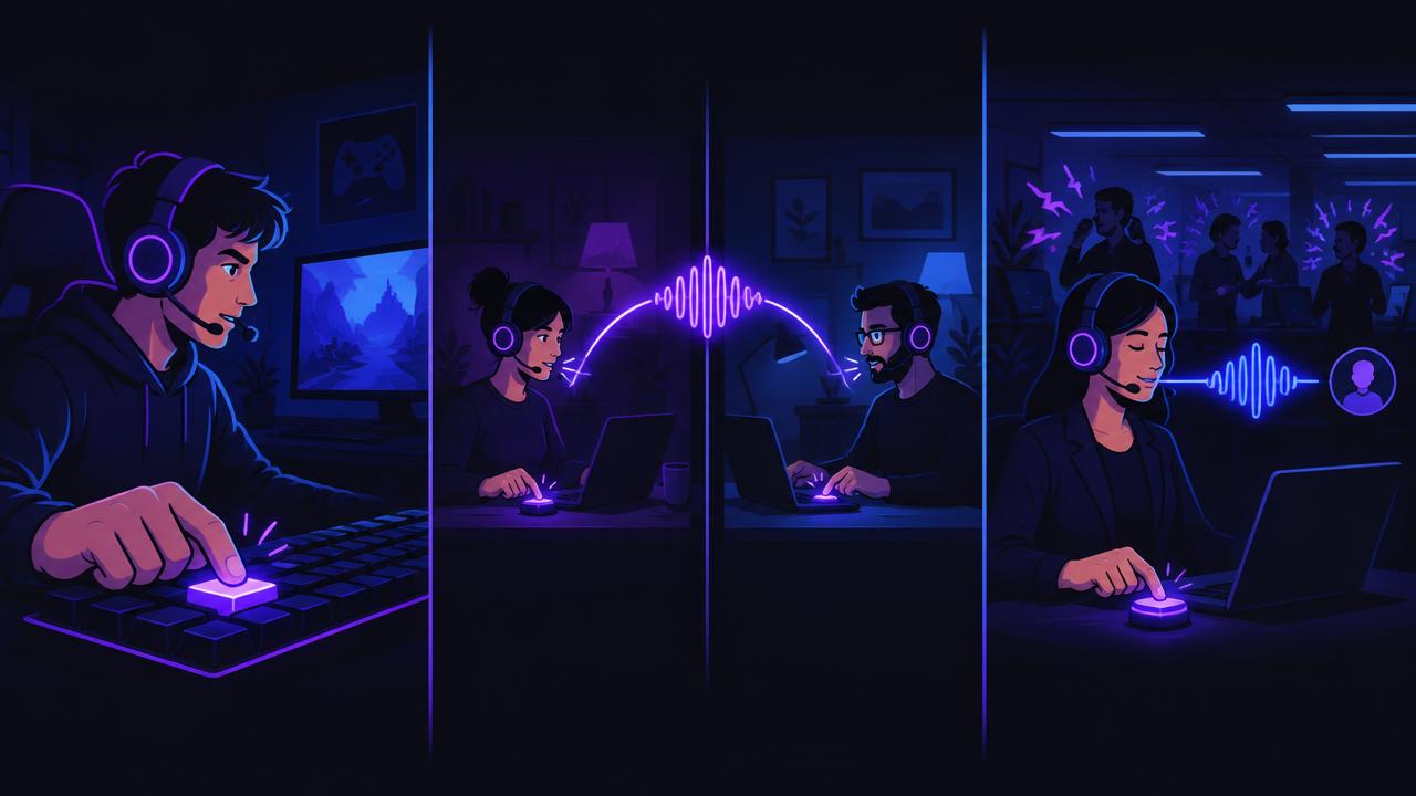 Three push-to-talk scenarios: a gamer holding a key while playing, two remote workers connected by an audio waveform, and a person in a noisy shared office transmitting a clean voice stream.