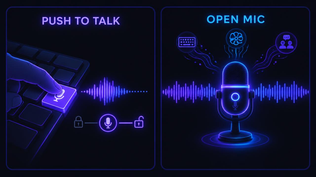 Comparison between push-to-talk, where a pressed key opens the microphone, and open mic, where the microphone stays active and background noise is transmitted too.