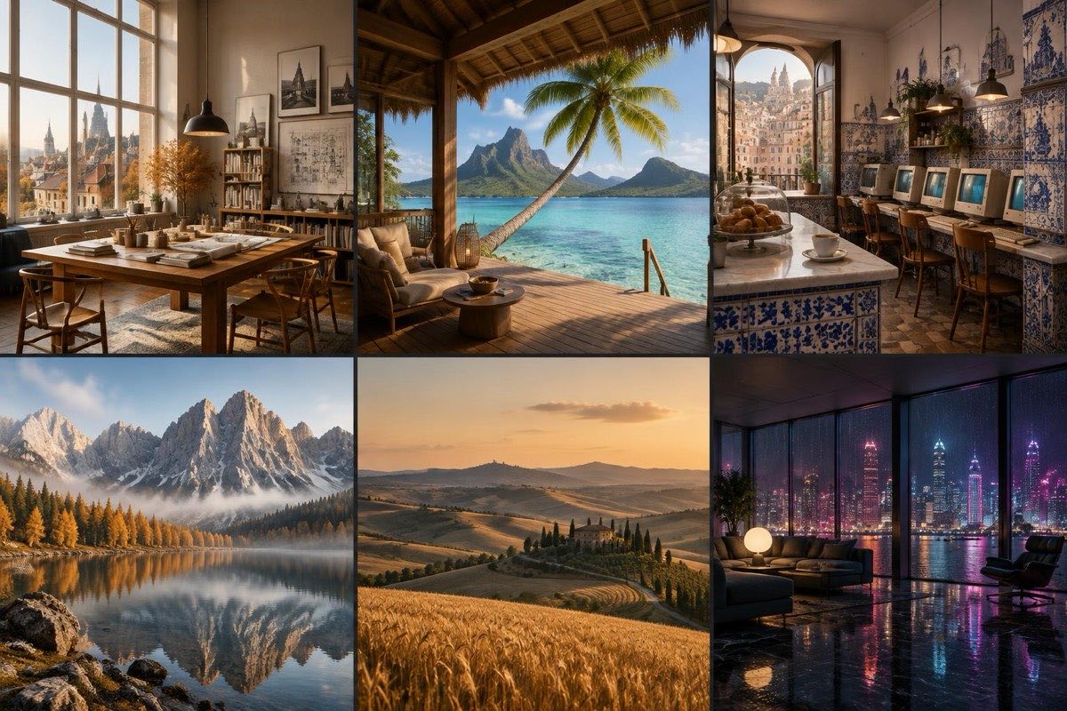 Six illustrated environments: an architect's office, tropical island deck, Lisbon cyber café, alpine lake, Tuscan countryside, and rainy city penthouse.