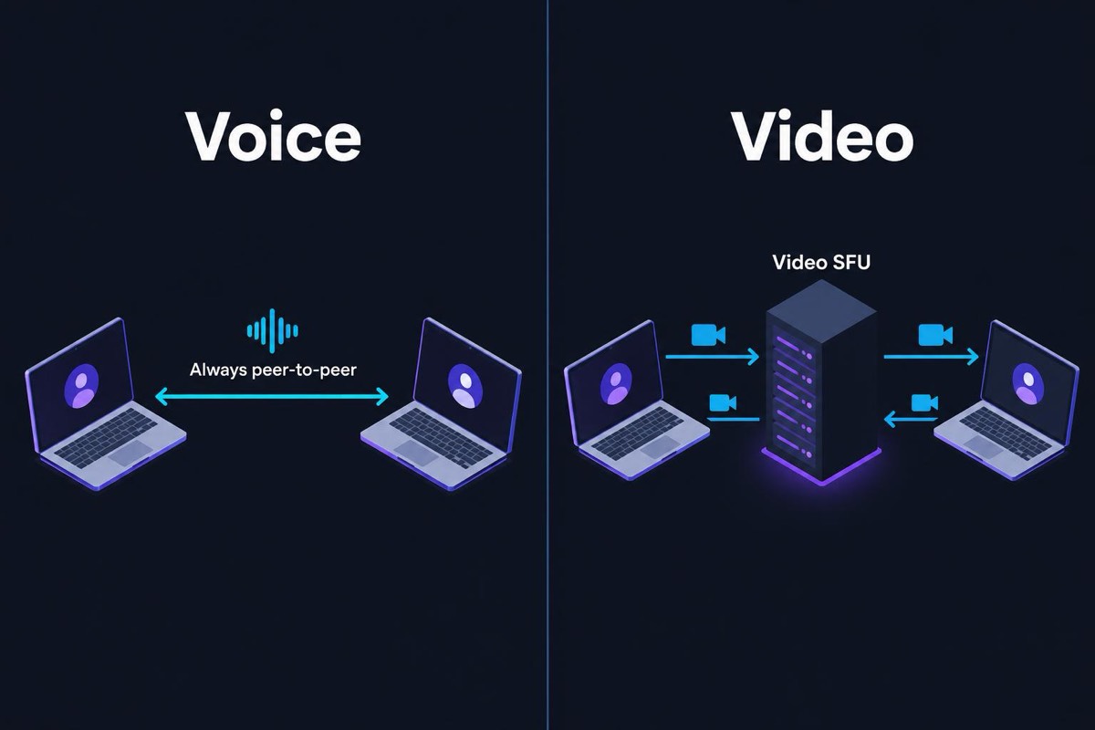 Diagram showing voice audio traveling directly between two participants while camera video is forwarded through a video SFU.