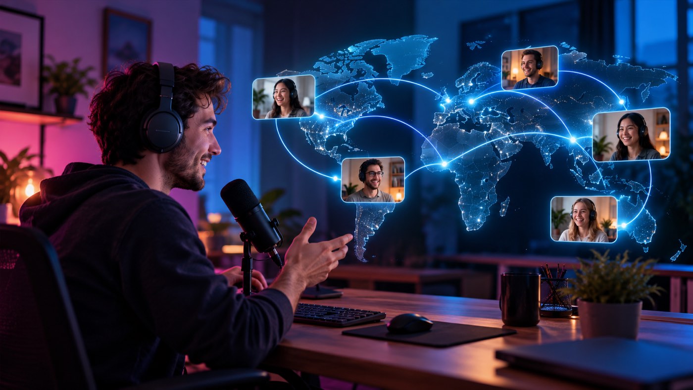 A streamer wearing headphones speaks into a microphone while a glowing world map shows remote participants connected across continents.